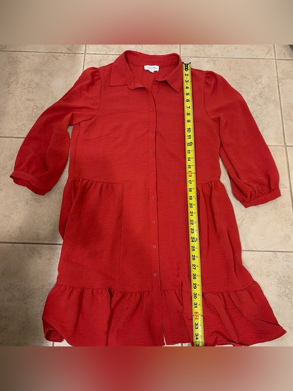 Tahari ASL Coral-Red Long-Sleeve Button Front Ruffle-Hem Dress - Picture 6 of 7
